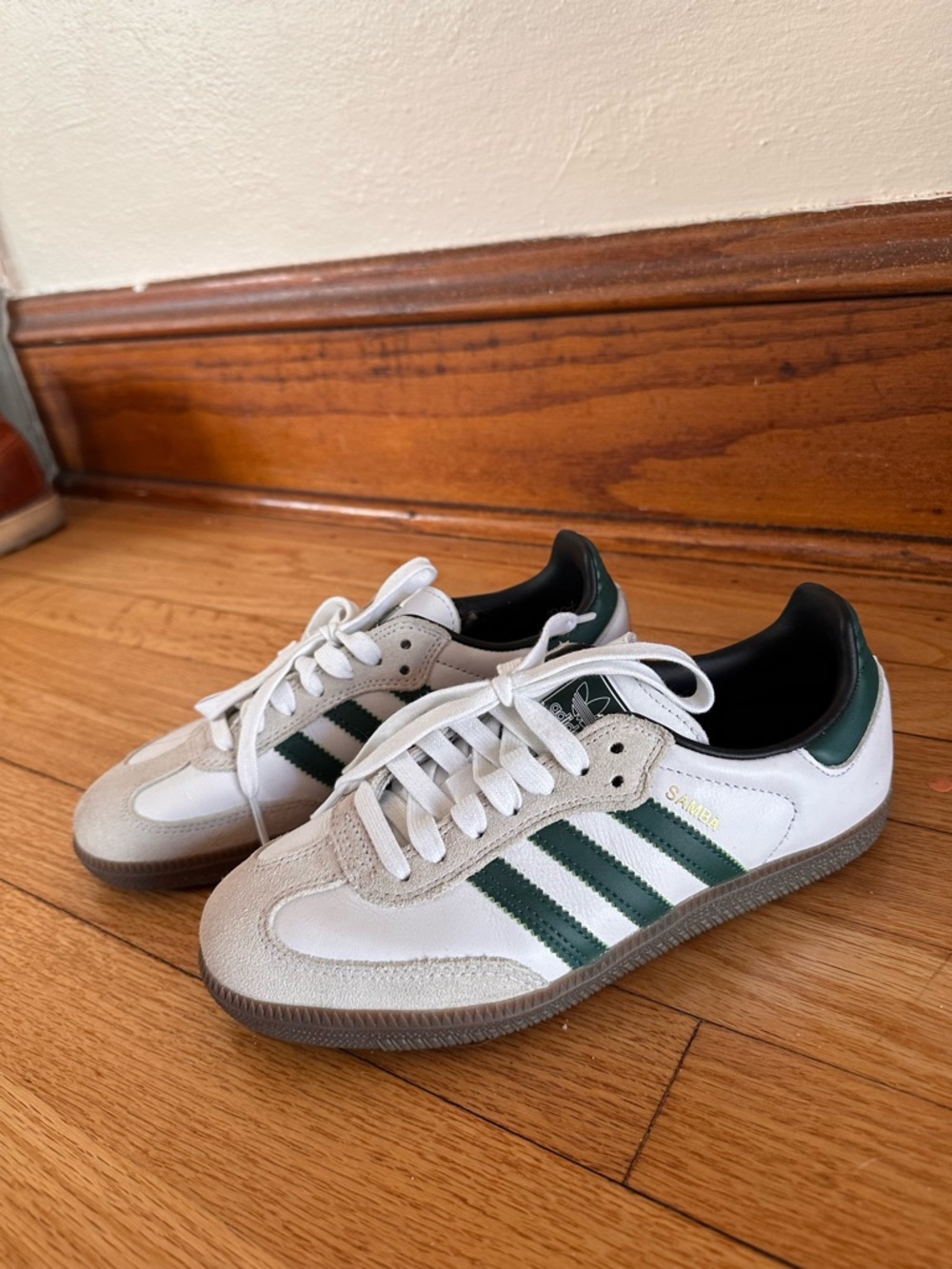 adidas White Sneakers with Dark Green Stripes